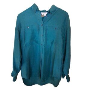 Vintage Womens Luxurious Long Sleeve Career Event Silk Blouse Size 8 Turquoise